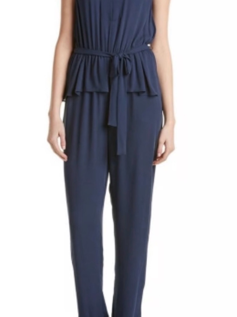 BCBGMaxAzria Navy Sleeveless Tie-Waist Jumpsuit